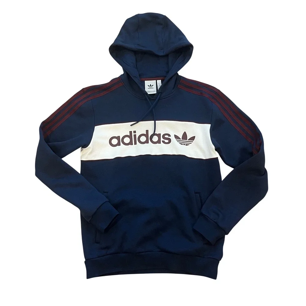 Adidas Originals Mens Navy Blue Trefoil Logo Stripe Pullover Hoodie Small‎ S
